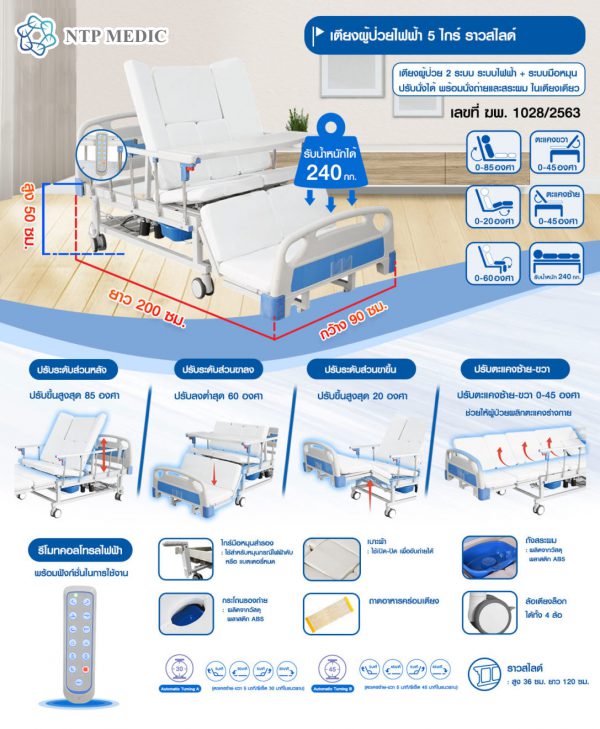เตียงผู้ป่วยไฟฟ้า 5 ไกร์ รุ่น FB-301 ปรับนั่งได้ ปรับตะแคงซ้าย-ขวา