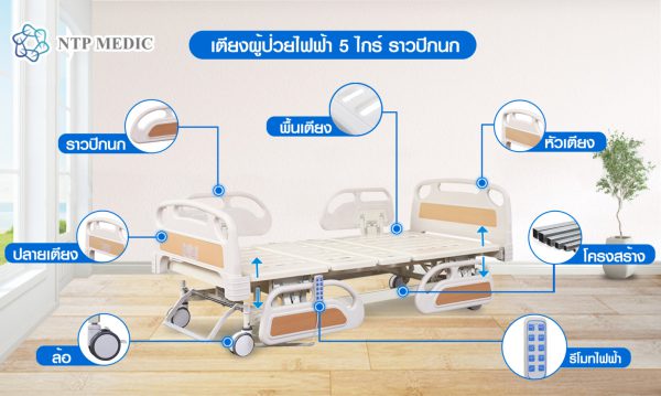 เตียงผู้ป่วยไฟฟ้า 5 ไกร์ ราวปีกนก รุ่น FB-302