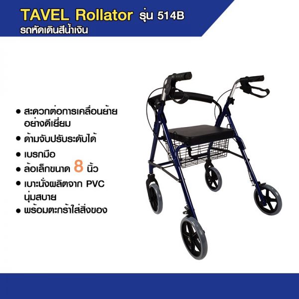รถเข็นหัดเดิน Rollator รุ่น 514B สีน้ำเงินล้อขนาด 8 นิ้ว - Image 2